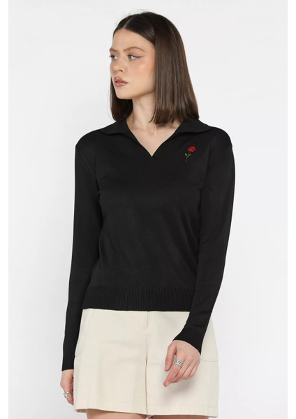 Kadın Polo Yaka Gül Işlemeli Triko Bluz P-00016264 fiyatları