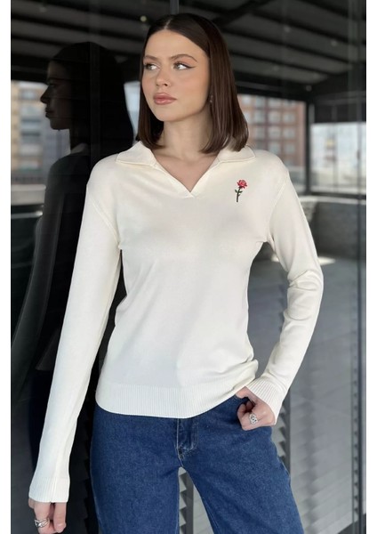 Kadın Polo Yaka Gül Işlemeli Triko Bluz P-00016264 fiyatları