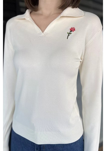 Kadın Polo Yaka Gül Işlemeli Triko Bluz P-00016264 modelleri