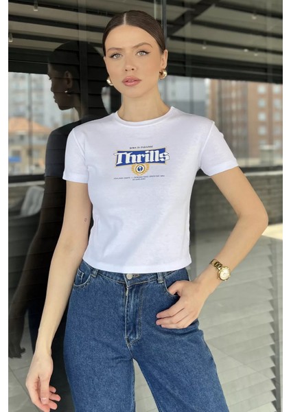 Bisiklet Yaka Baskılı Kadın Tişört P-00016212