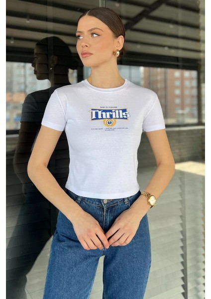 Bisiklet Yaka Baskılı Kadın Tişört P-00016212