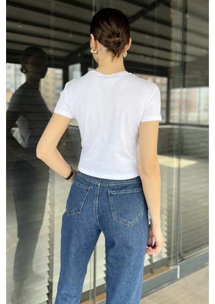 Bisiklet Yaka Baskılı Kadın Tişört P-00016212