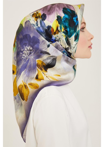 Çiçek Desenli Twill İpek Eşarp 24Ya9133 36 53
