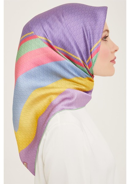 Lila - Sarı Geçişli Monogram Desen Tivil İpek Eşarp 9111 - 82 fiyatları