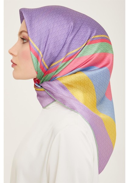 Lila - Sarı Geçişli Monogram Desen Tivil İpek Eşarp 9111 - 82 modelleri