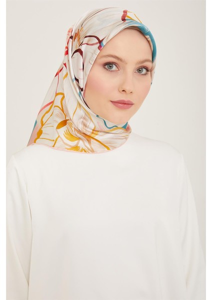 Pudra Çiçek Desen Tivil İpek Eşarp 9110 - 08