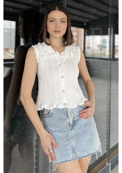 Kadın Bebe Yaka Dalga Desenli Triko Yelek P-00016246