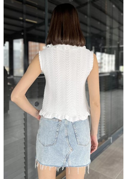 Kadın Bebe Yaka Dalga Desenli Triko Yelek P-00016246