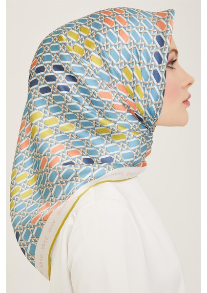 Havacı Mavi - Yağ Yeşil Geometrik Desen Tivil İpek Eşarp 9144 - 85 fiyatları