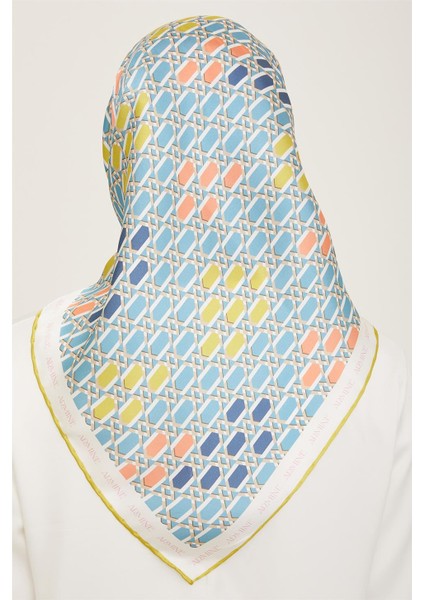Havacı Mavi - Yağ Yeşil Geometrik Desen Tivil İpek Eşarp 9144 - 85 fırsatları