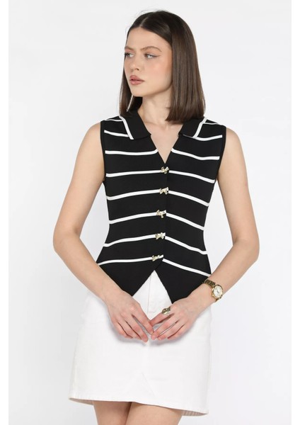 Kadın Fiyonk Düğmeli Çizgi Desenli Triko Yelek P-00016244