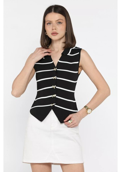 Kadın Fiyonk Düğmeli Çizgi Desenli Triko Yelek P-00016244 fiyatları