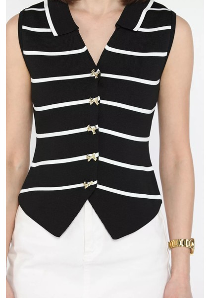 Kadın Fiyonk Düğmeli Çizgi Desenli Triko Yelek P-00016244 modelleri