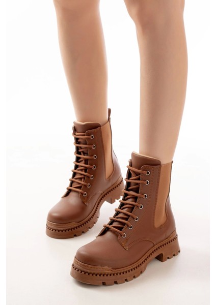 2051-298 Taba Düz Topuklu Bağcıklı Lastikli Günlük Kadın Bot