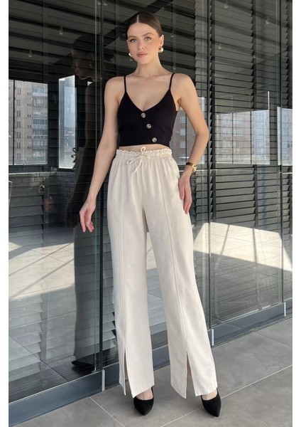 Bel Lastikli Yırtmaçlı Keten Pantolon P-00016202