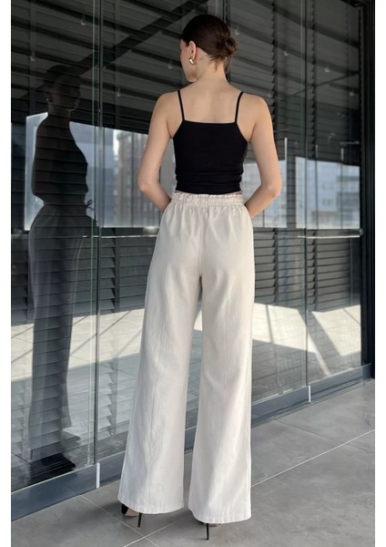 Bel Lastikli Yırtmaçlı Keten Pantolon P-00016202 modelleri