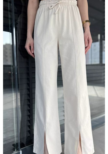Bel Lastikli Yırtmaçlı Keten Pantolon P-00016202 fırsatları