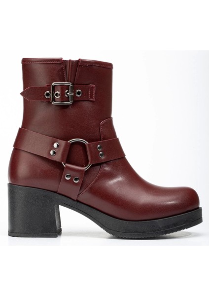 5109-3042 Bordo Toka Aksesuarlı Fermuarlı Kalın Topuklu Günlük Kadın Bot indirimleri