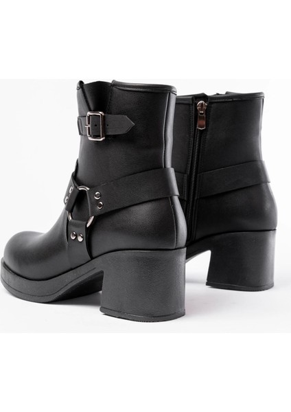 5109-3042 Siyah Toka Aksesuarlı Fermuarlı Kalın Topuklu Günlük Kadın Bot indirimleri