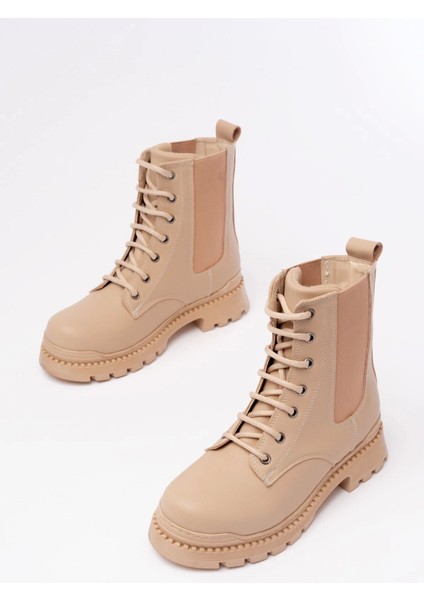 2051-298 Bej Düz Topuklu Bağcıklı Lastikli Günlük Kadın Bot indirimleri