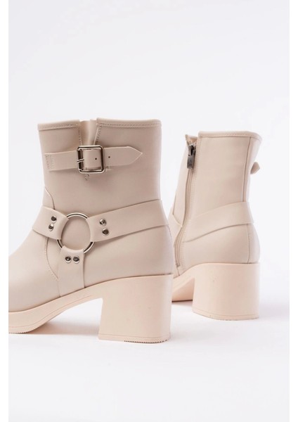 5109-3042 Bej Toka Aksesuarlı Fermuarlı Kalın Topuklu Günlük Kadın Bot fırsatları