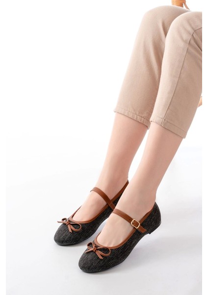 6321 Siyah Keten Günlük Baret Tokalı Bayan Babet