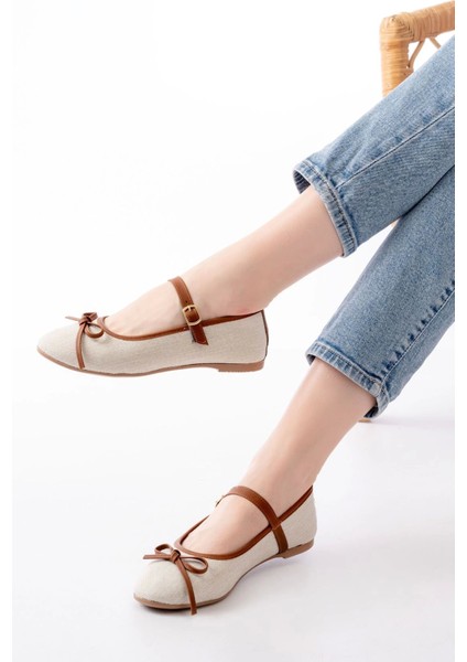 6321 Bej Keten Günlük Baret Tokalı Bayan Babet