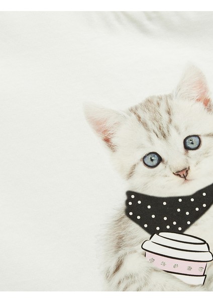 Kedi Baskılı Fırfırlı Kısa Kollu Bisiklet Yaka Pamuklu Tişört