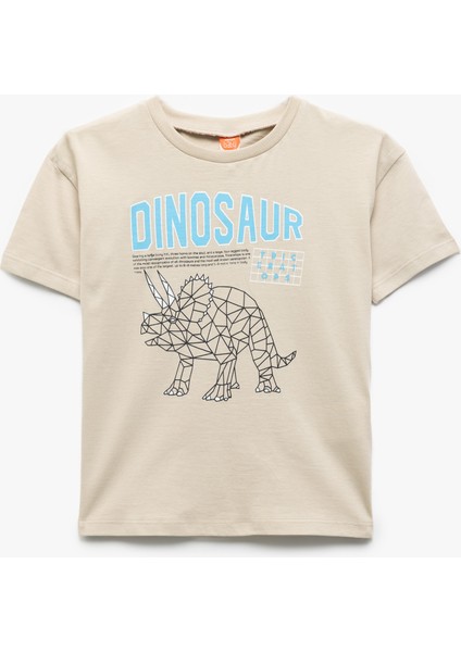 Dinozor Baskılı Kısa Kollu Bisiklet Yaka Pamuklu Tişört