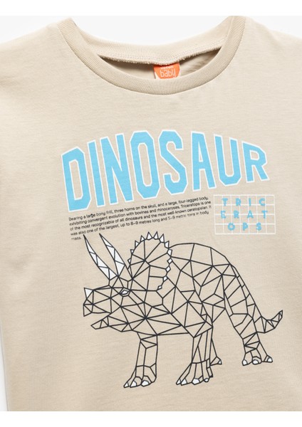 Dinozor Baskılı Kısa Kollu Bisiklet Yaka Pamuklu Tişört