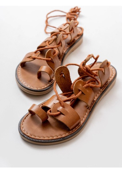 205-01 Taba Bilekten Bağlamalı Ortopedik Deri Kadın Sandalet modelleri