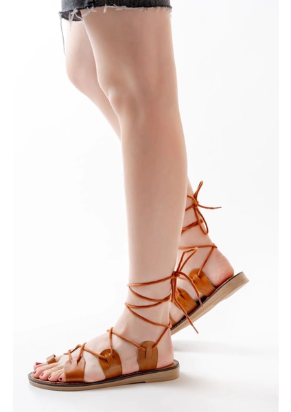 205-01 Taba Bilekten Bağlamalı Ortopedik Deri Kadın Sandalet indirimleri