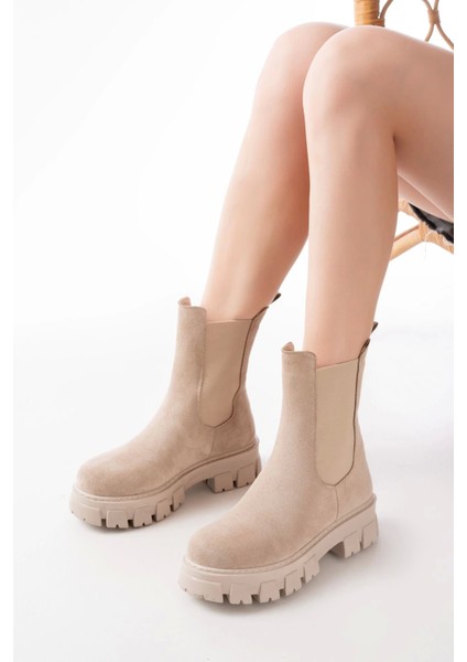 FZ-299 Bej Süet Yüksek Tabanlı Lastikli Günlük Kadın Bot