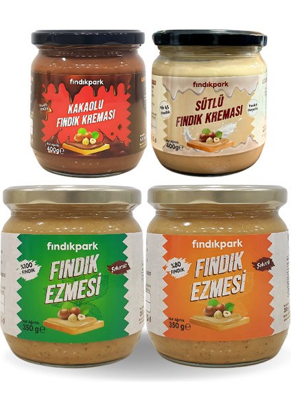 Muhteşem 4’lü Set Kakaolu ve Sütlü Fındık Kreması, Fındık Ezmesi ve Şekersiz Fındık Ezmesi