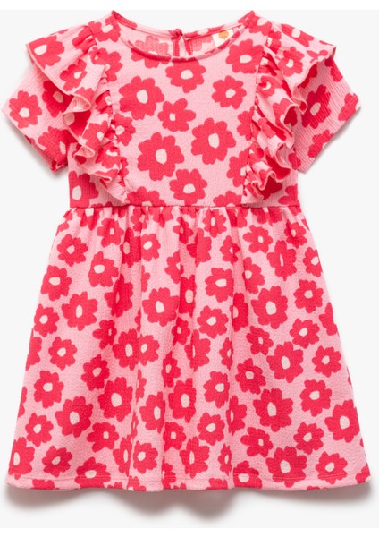 Fırfır Detaylı Kısa Kollu Bisiklet Yaka Çiçekli Elbise