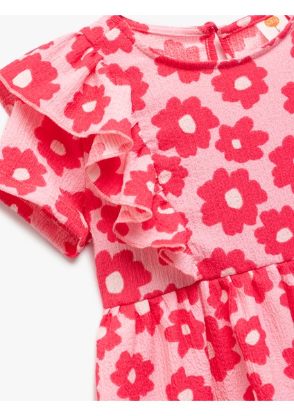 Fırfır Detaylı Kısa Kollu Bisiklet Yaka Çiçekli Elbise modelleri