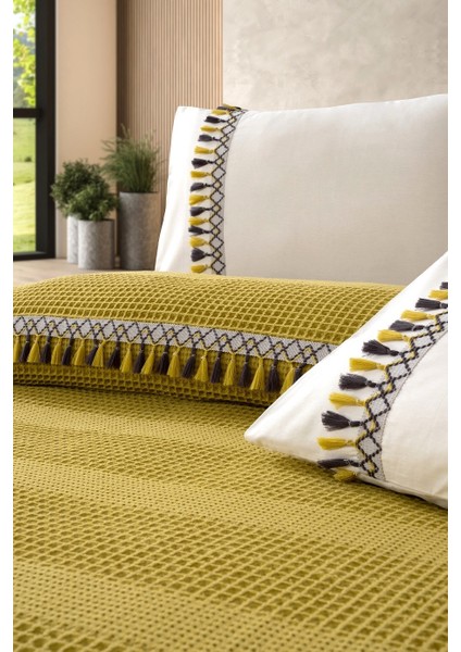 Çift Kişilik 4 Parça Püsküllü Havuz Pike Takımı - Tiffany - Hardal fiyatları