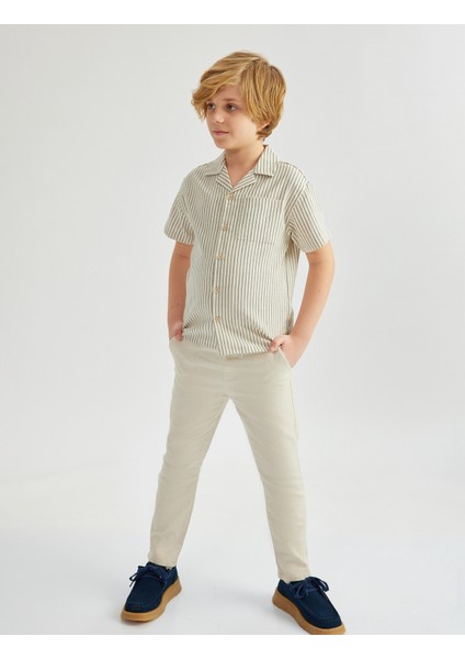 Beli Bağcıklı Keten Karışımlı Basic Pantolon