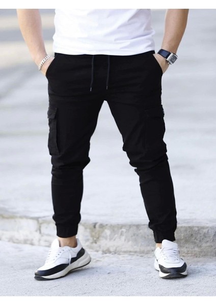 Likralı Beli ve Paçası Lastikli Siyah Kargo Pantolon fiyatları