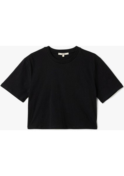 Pamuklu Bisiklet Yaka Kısa Kollu Crop Tişört