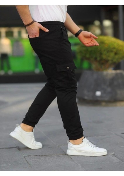 Likralı Beli ve Paçası Lastikli Siyah Kargo Pantolon modelleri