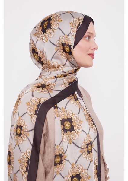Siyah-Bej Barok Desen Hint Ipeği Şal