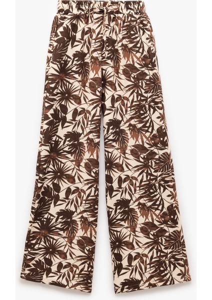 Viskon Keten Karışımlı Floral Desenli Geniş Paça Pantolon