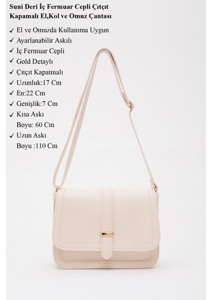Krem SHK127 Suni Deri Iç Fermuar Cepli Çıtçıt Kapamalı El,kol ve Omuz Çantası U:17 E:22 G:7 cm