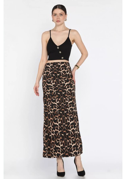 Kadın Leopar Desenli Bel Lastikli Bürümcük Etek P-00016181