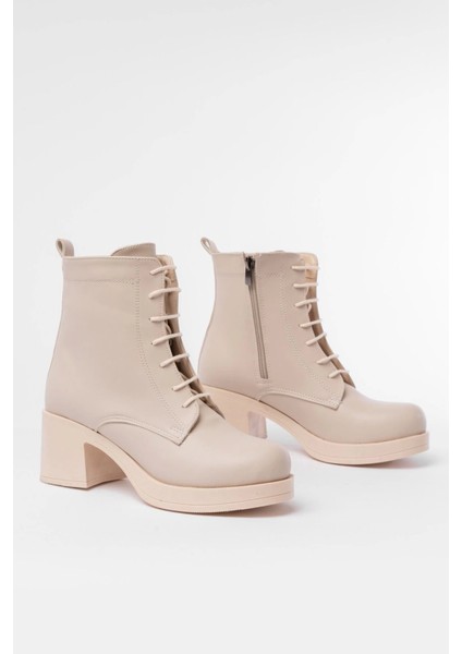 5109-3025 Bej Bağcıklı Fermuarlı Kalın Topuklu Günlük Kadın Bot fırsatları