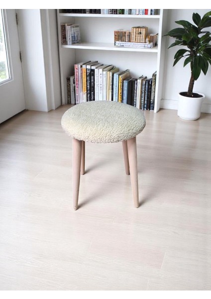 Teddy Kumaşlı Yuvarlak Tabure, Masif Ayaklı Tabure, Salon, Balkon, Makyaj Masası, Yemek Masası