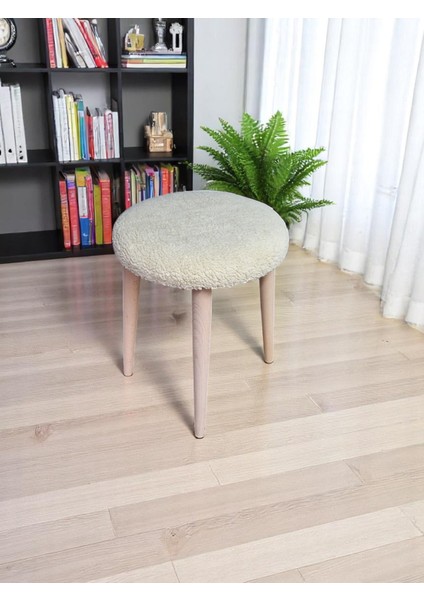 Teddy Kumaşlı Yuvarlak Tabure, Masif Ayaklı Tabure, Salon, Balkon, Makyaj Masası, Yemek Masası