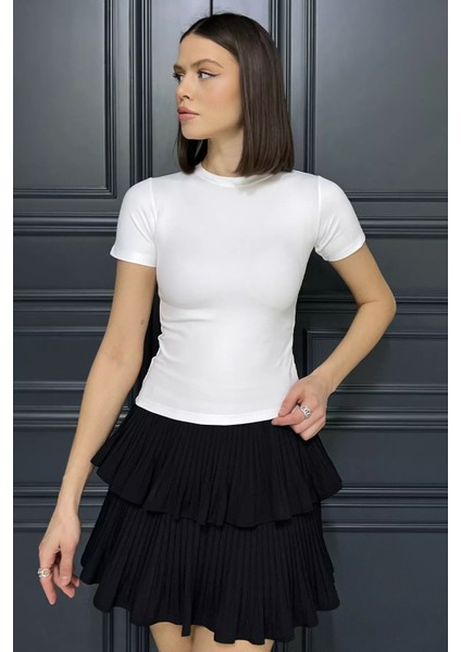 Kadın Bisiklet Yaka Likralı Modal Kumaş Crop Top Bluz P-00016175