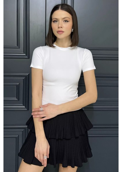 Kadın Bisiklet Yaka Likralı Modal Kumaş Crop Top Bluz P-00016175